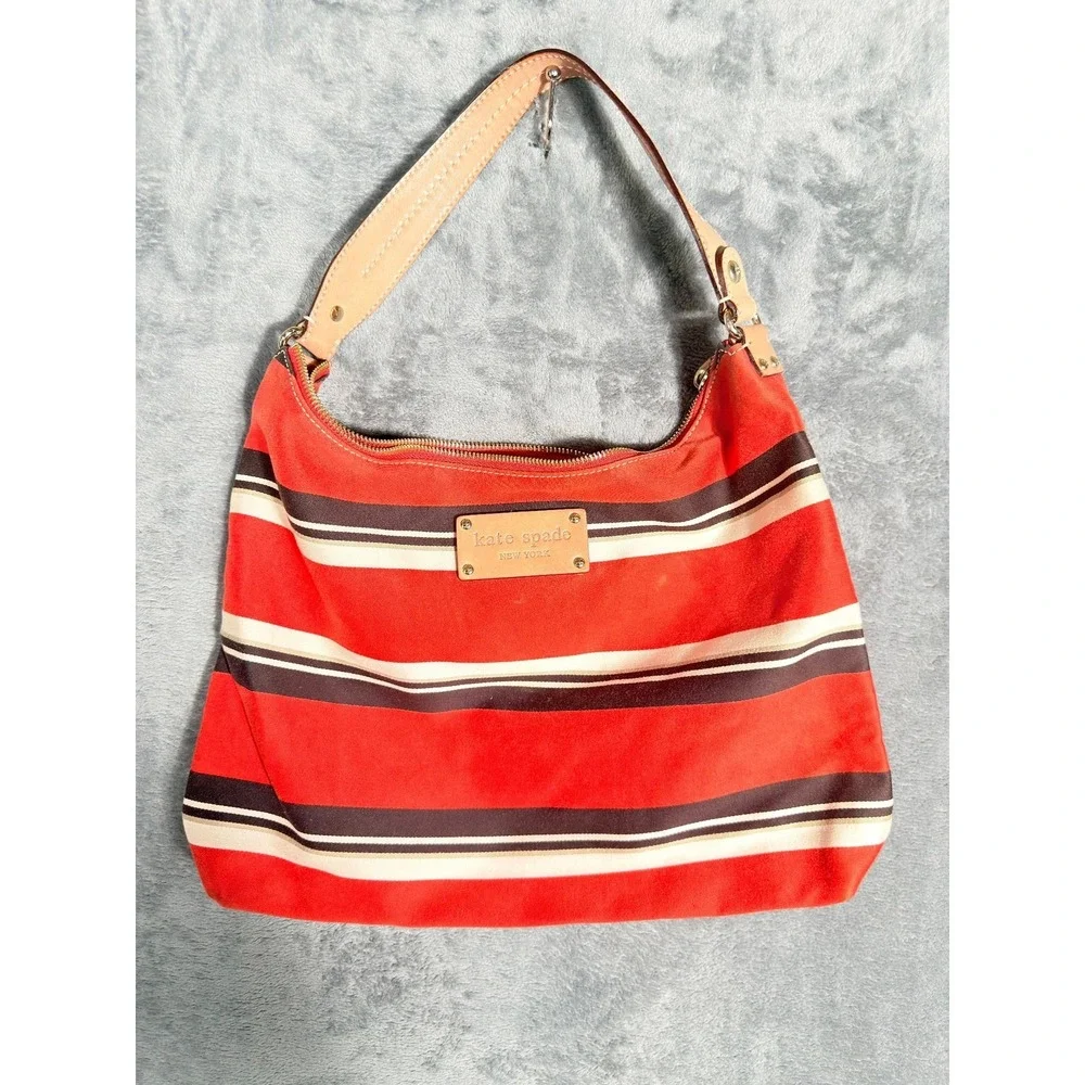 Kate Spade New York Womens Hobo Bag Orange Cream Brown Striped Canvas